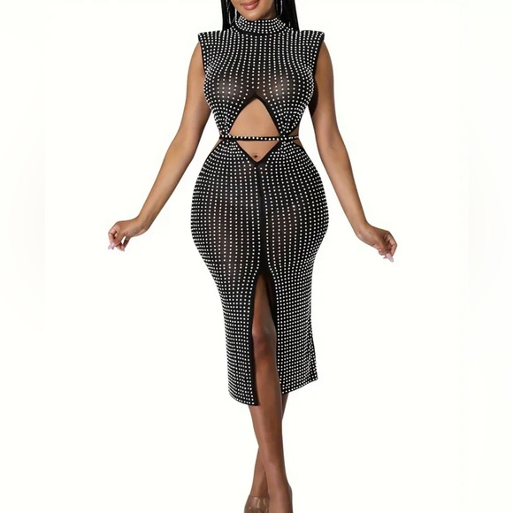 Sleeveless Mesh See-Through Rhinestone Studded Bodycon Midi Dress Size XXL - Picture 1 of 9